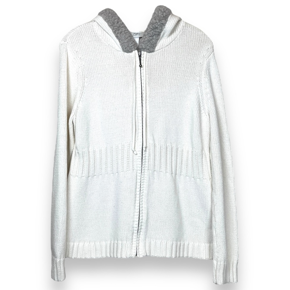 Ann Taylor LOFT White Ivory Knit Vintage Fur Cotton Full Zip Hoodie Sweater Lg
